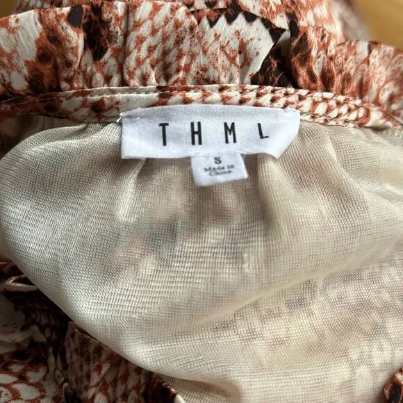 THML rust/brown tones stretch snakeskin print ruffle accent midi. Small.